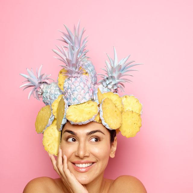 Headpiece, Yellow, Head, Pineapple, Hair accessory, Pink, Costume hat, Fashion accessory, Headgear, Costume accessory, 