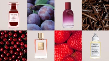 display of various perfume bottles paired with fruits highlighting fragrance themes