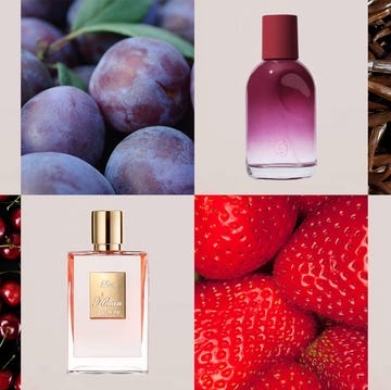 display of various perfume bottles paired with fruits highlighting fragrance themes display of various perfume bottles paired with fruits highlighting fragrance themes