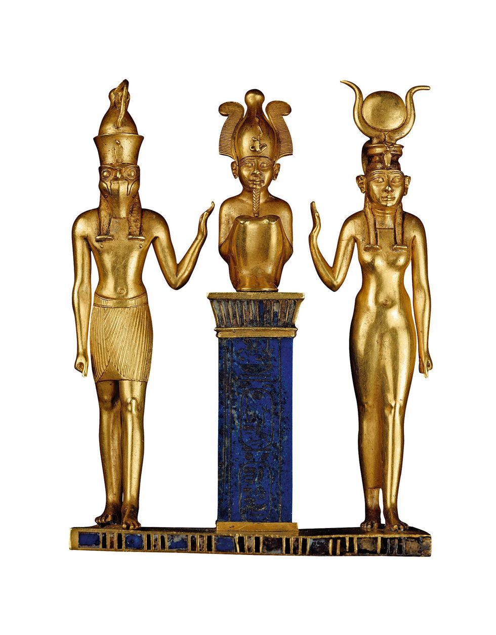 Triade van Osorkon met Osiris in het midden geflankeerd door Isis en Horus Louvre