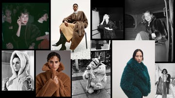 a collage showcasing various individuals wearing stylish textured fur coats in different settings