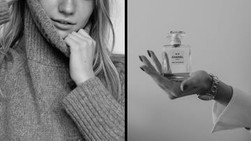 closeup of a woman in a cozy sweater and a hand holding a bottle of chanel no 5 perfume