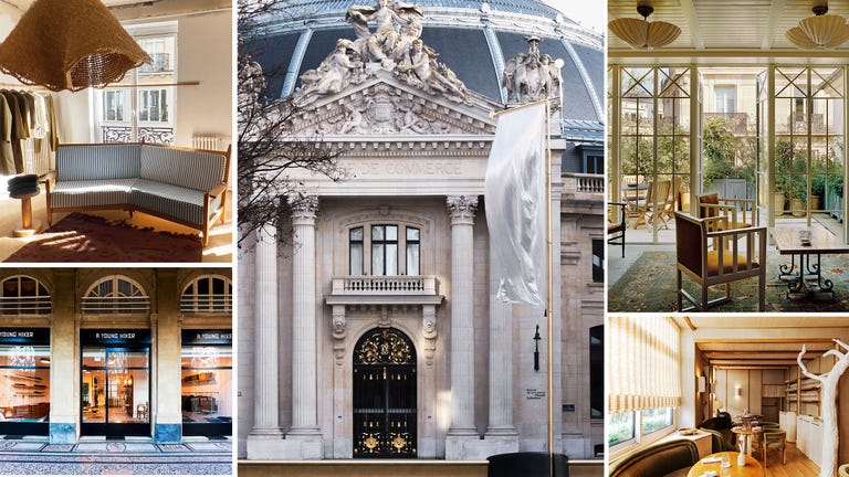a collage of restaurant interiors, storefronts, and other chic parisian locations