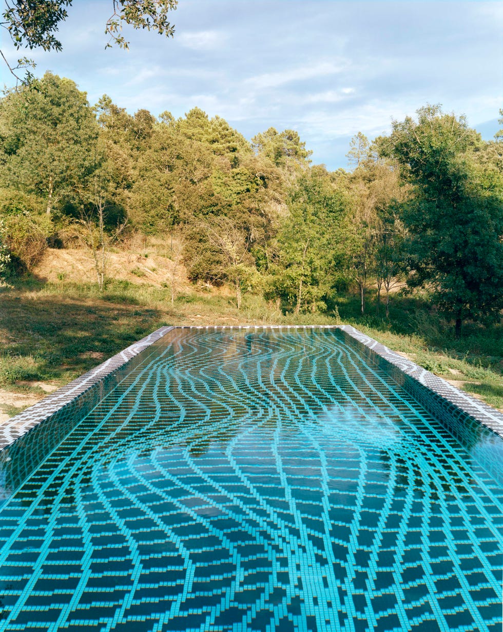 swimming pool with graphic tiles on bottom surrounded by trees