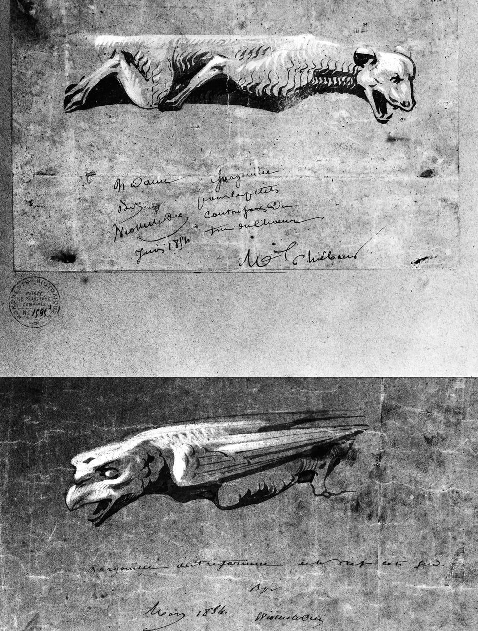 Rechts Tekeningen van het ontwerp van ViolletleDuc van de gargouilles die de middeleeuwse exemplaren moesten vervangen In tegenstelling tot de eerdere demonen die puur decoratief waren hadden de gargouilles een functie bij de afwatering via hun open bek werd het water buiten de stenen muren geleid