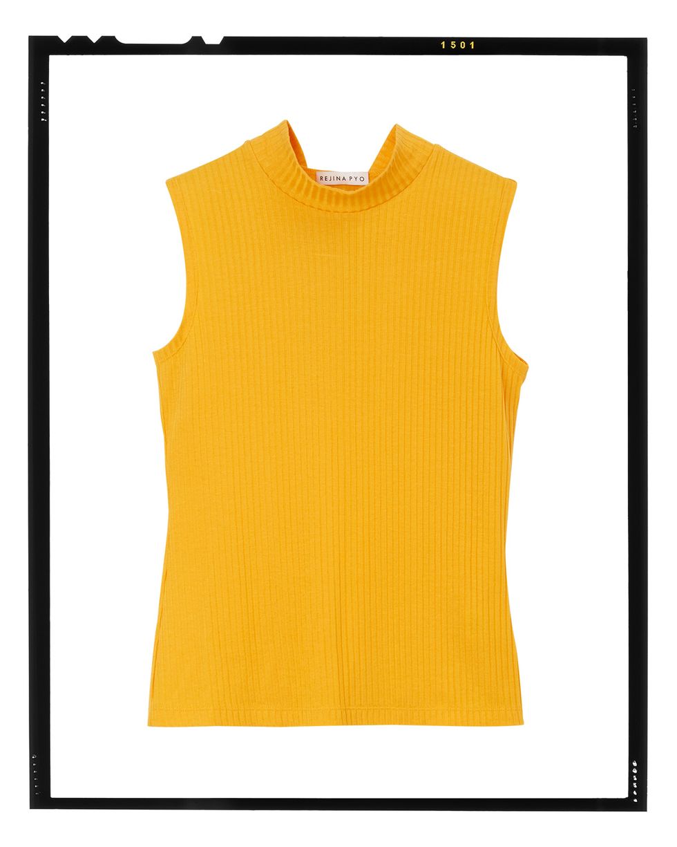Clothing, Yellow, Sleeveless shirt, Orange, T-shirt, Outerwear, Active tank, Sportswear, Sleeve, Top, 