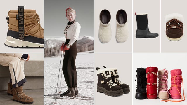 collection of winter footwear and attire for outdoor activities