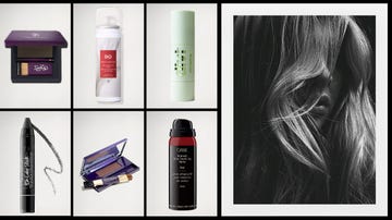 hair care and beauty products displayed with a stylized image of a womans hair
