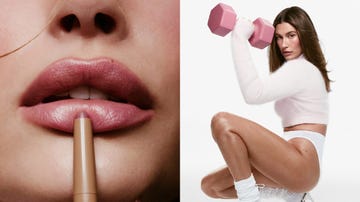 closeup of lips with a lipstick pencil and an athletic pose holding a dumbbell