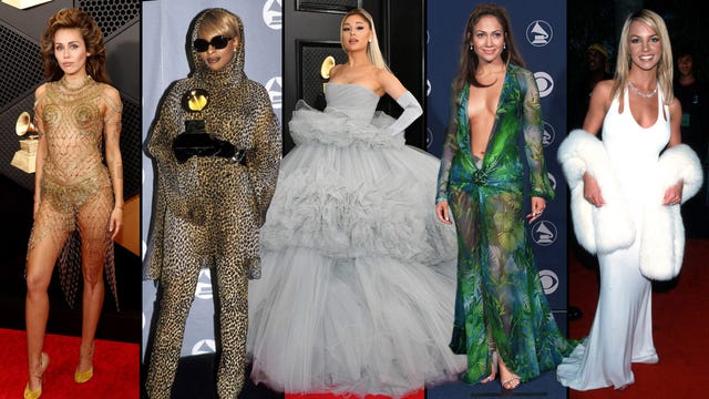 five celebrities in distinctive outfits at a formal event