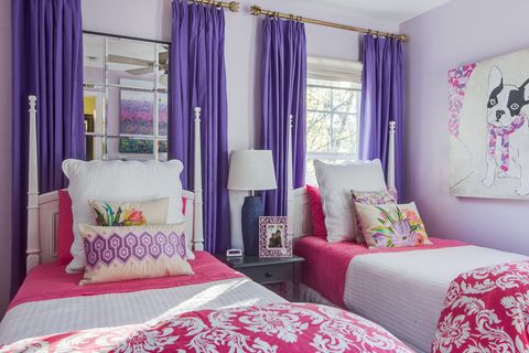 Bedroom, Furniture, Room, Pink, Curtain, Purple, Bed, Decoration, Interior design, Property, 