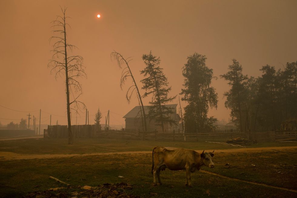 In het dorp Kjoejoreljach heeft de zon door de dichte rookwolken een dieprode kleur aangenomen