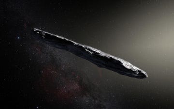 Deze illustratie toont het eerste interstellaire object dat voor zover bekend ons zonnestelsel heeft aangedaan Oumuamua Het unieke object werd op 19 oktober 2017 ontdekt door de PanSTARRS 1telescoop op Hawa Uit vervolgobservaties door observatoria in de hele wereld blijkt dat het om een type hemellichaam gaat dat tot nu toe niet eerder in het zonnestelsel is waargenomen