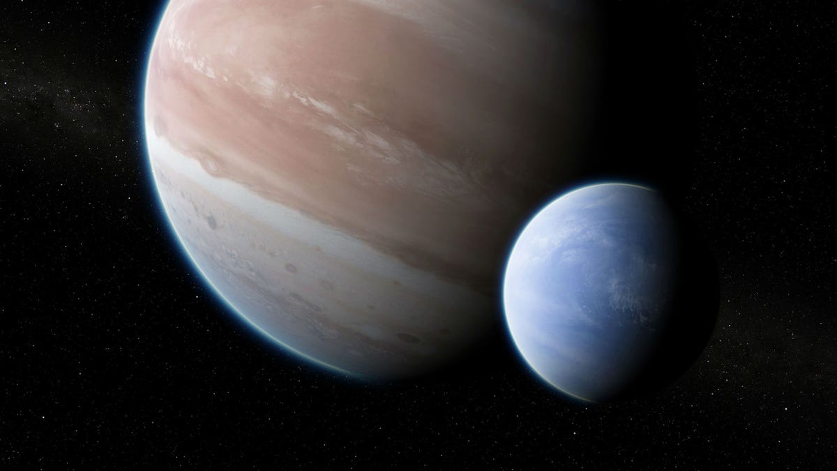 In deze illustratie draait een grote maan in een baan om de planeet Kepler 1625b ter grootte van Jupiter