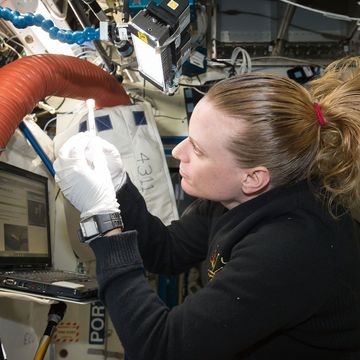NASAastronaut Kate Rubins werkt aan het experiment Biomolecule Sequencer aan boord van het International Space Station Met behulp van zon DNAsequentiringsapparaat in de ruimte zouden in de toekomst microben gedentificeerd en ziekten gediagnosticeerd kunnen worden en mogelijk ook leven op basis van DNA elders in het zonnestelsel gedetecteerd kunnen worden