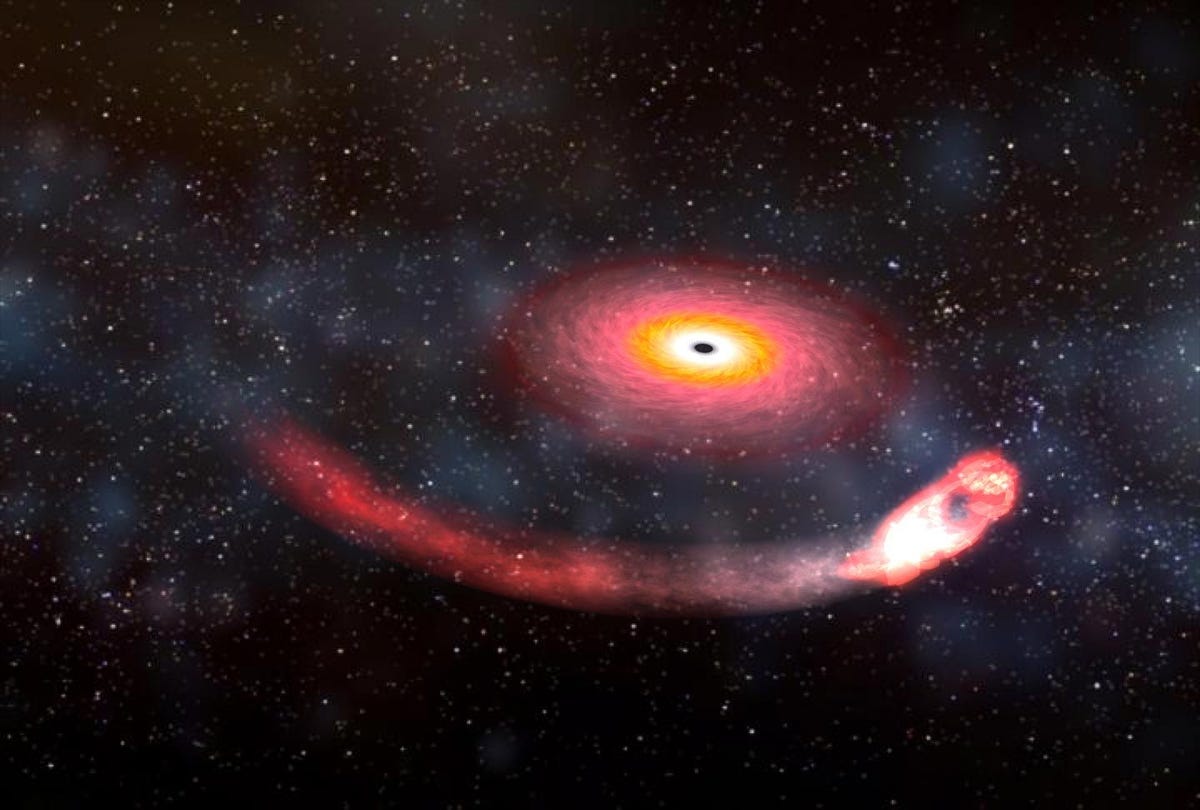 Een artistieke impressie van een zwart gat dat een neutronenster opslokt Terwijl de neutronenster in een baan rond het zwarte gat cirkelt wordt de ster door de enorme zwaartekracht van het zwarte gat aan stukken gescheurd een verschijnsel dat tidal disruption wordt genoemd