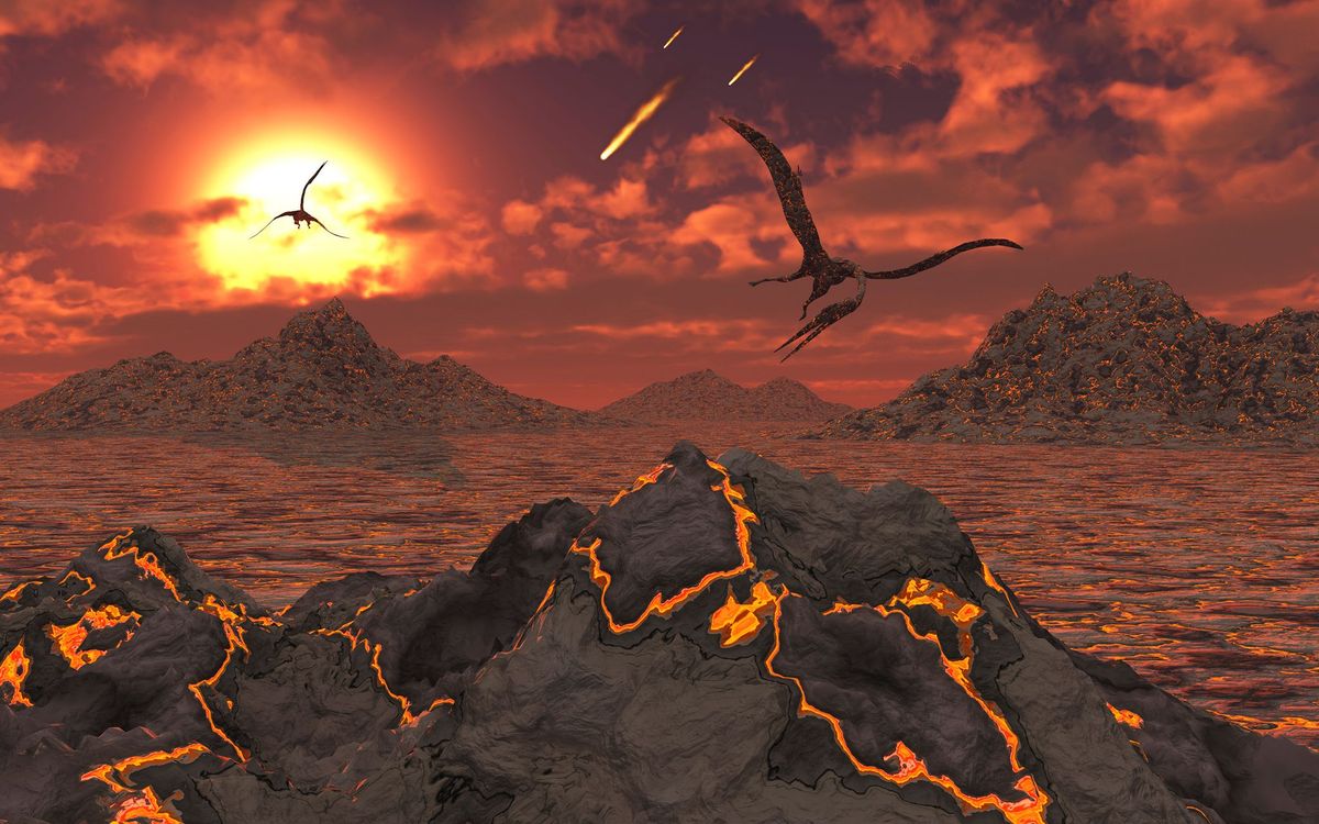In het tijdperk waarin alle nietvliegende dinosaurirs uitstierven vliegen pterosaurirs boven een vulkanisch landschap