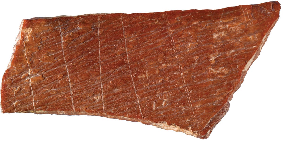 Dit ingekerfde stuk rib ter grootte van een duim behoort tot een tweetal botjes die in het oosten van China zijn opgegraven De markeringen zijn tienduizenden jaren ouder dan andere abstracte markeringen van deze aard