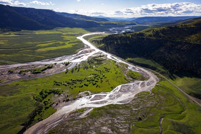 In de vallei van de Gardiner River even ten zuiden van de noordingang van het Yellowstone National Park heeft een stortvloed van water volgroeide bomen en een deel van de weg meegevoerd