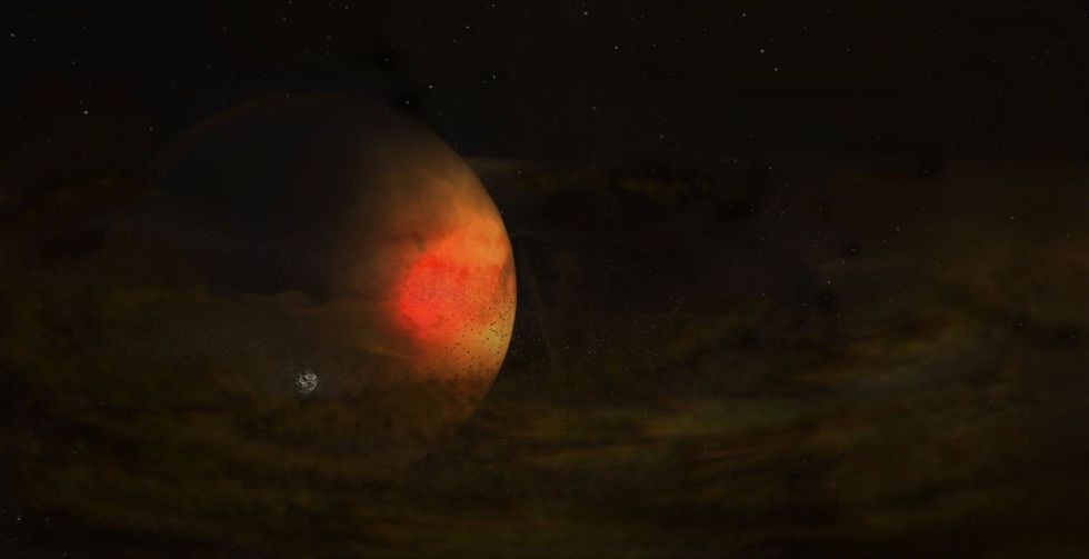 In deze illustratie van het planetenstelsel rond de ster PDS 70 wordt een grote planeet omringd door een vage schijf van stof waaruit zich uiteindelijk een maan kan vormen