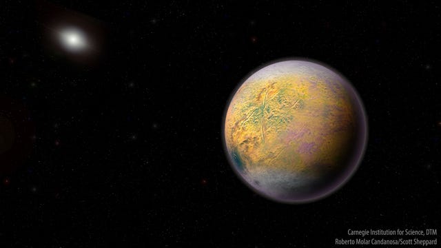 Een afbeelding van planeet X een tot op heden onzichtbare wereld die het middelpunt vormt van banen met kleinere extreem afgelegen objecten zoals 2015 TG387