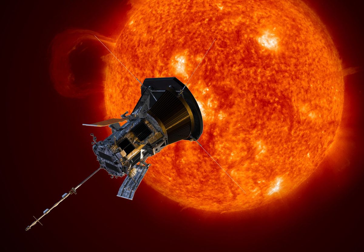 In deze illustratie vliegt de Parker Solar Probe richting de zon De in 2018 gelanceerde verkenner is onze ster nu dichter genaderd dan enig ander object dat door mensenhanden is gemaakt