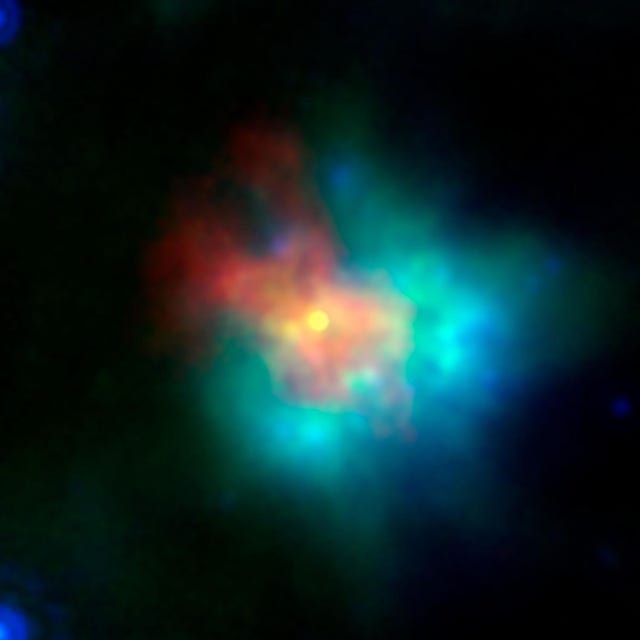 Op deze foto in valse kleuren uit januari is een restant van een supernova te zien op zon 20000 lichtjaar afstand van ons in het noordelijke sterrenbeeld Sagitta oftewel Pijl De afbeelding werd gemaakt op basis van gegevens van infrarode en rntgenstraling opgevangen door verschillende telescopen in de ruimte en op aarde