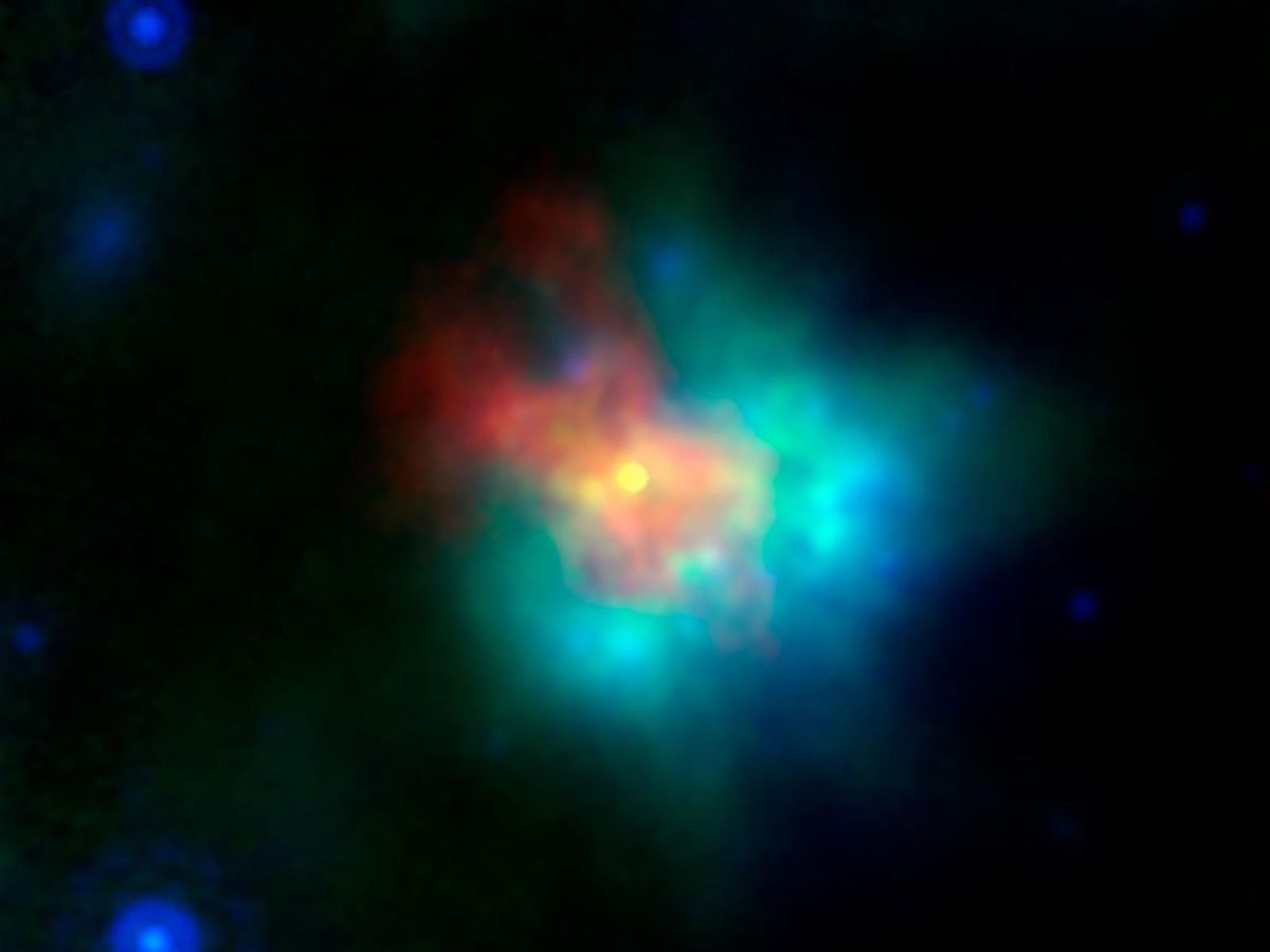 Op deze foto in valse kleuren uit januari is een restant van een supernova te zien op zon 20000 lichtjaar afstand van ons in het noordelijke sterrenbeeld Sagitta oftewel Pijl De afbeelding werd gemaakt op basis van gegevens van infrarode en rntgenstraling opgevangen door verschillende telescopen in de ruimte en op aarde