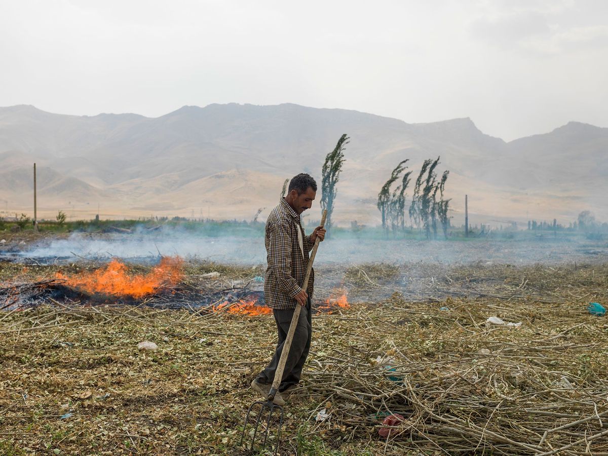 In een verdorde boomgaard nabij het door zware droogte getroffen Oermiameer in Iran verbrandt een man hout van afgestorven bomen Het gaat niet goed met Moeder Aarde aldus de opstellers van een nieuw VNrapport maar een ommekeer is mogelijk