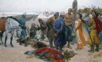 Een Viking met ontbloot bovenlijf biedt een slavenmeisje aan een Perzische handelaar aan in een kunstenaars impressie van een scene in Bulgar een handelsplaats aan de rivier de Wolga