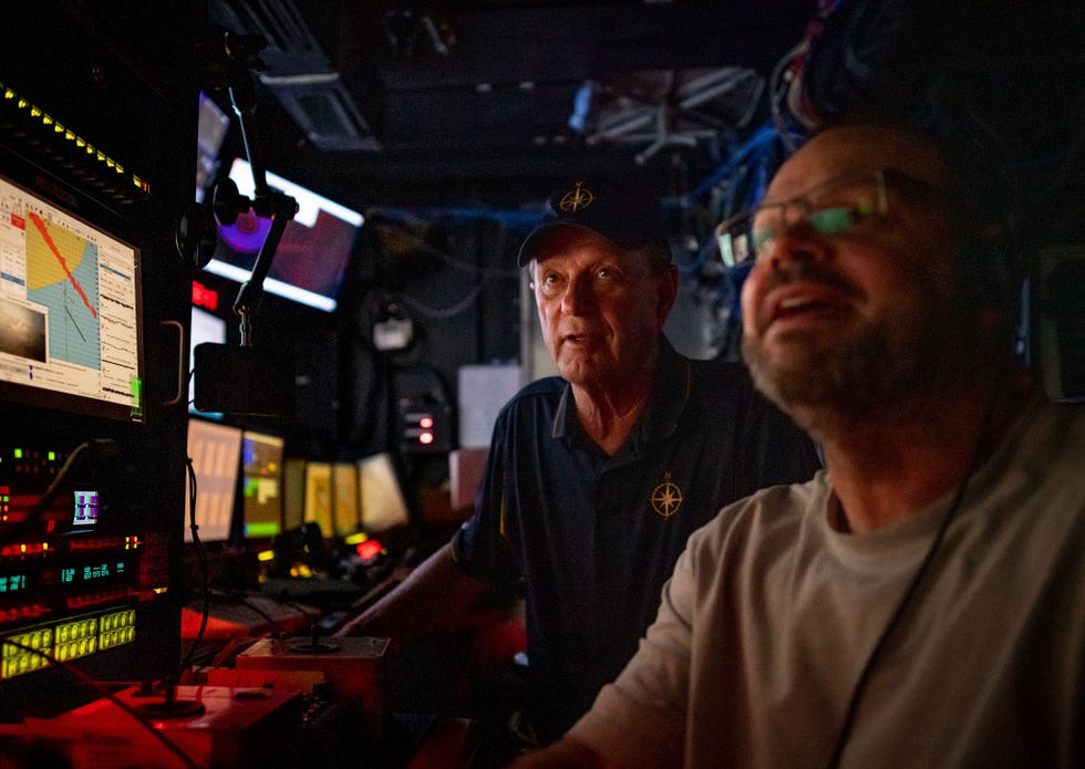 Vanuit de controlekamer van de Nautilus zien Bob Ballard en Jeff Dennerline toe op het werk van een op afstand bestuurbare onderzeer ROV