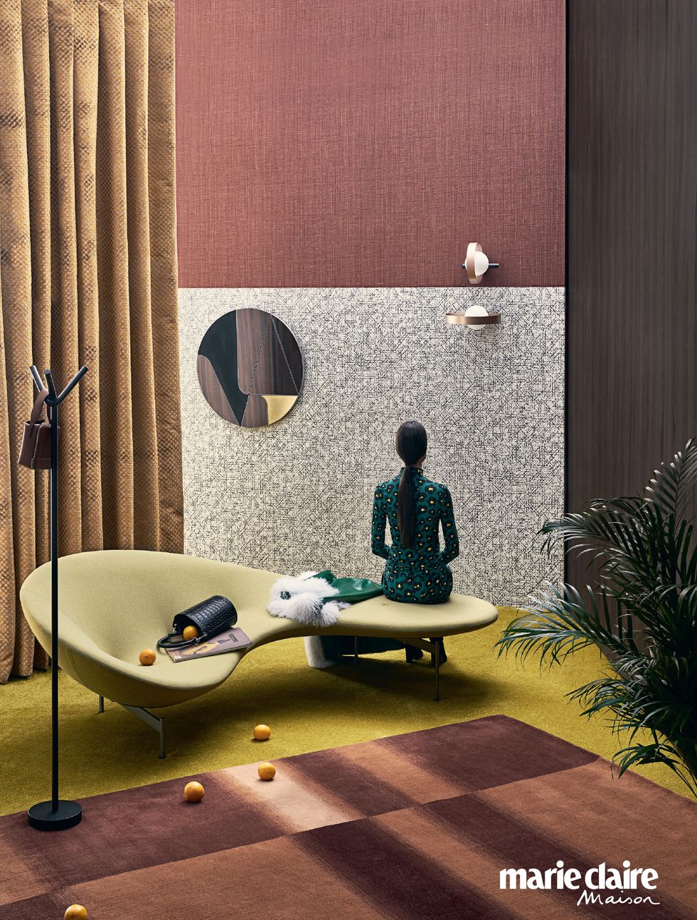 Green, Yellow, Interior design, Room, Wall, Floor, Flooring, Furniture, Tile, Sitting, 