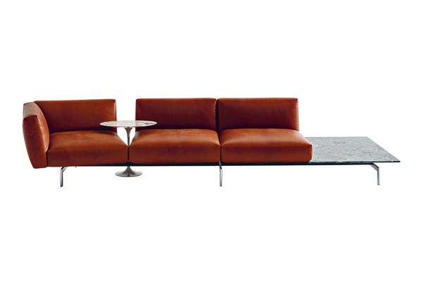 Furniture, Couch, Sofa bed, studio couch, Orange, Brown, Leather, Comfort, Armrest, Table, 