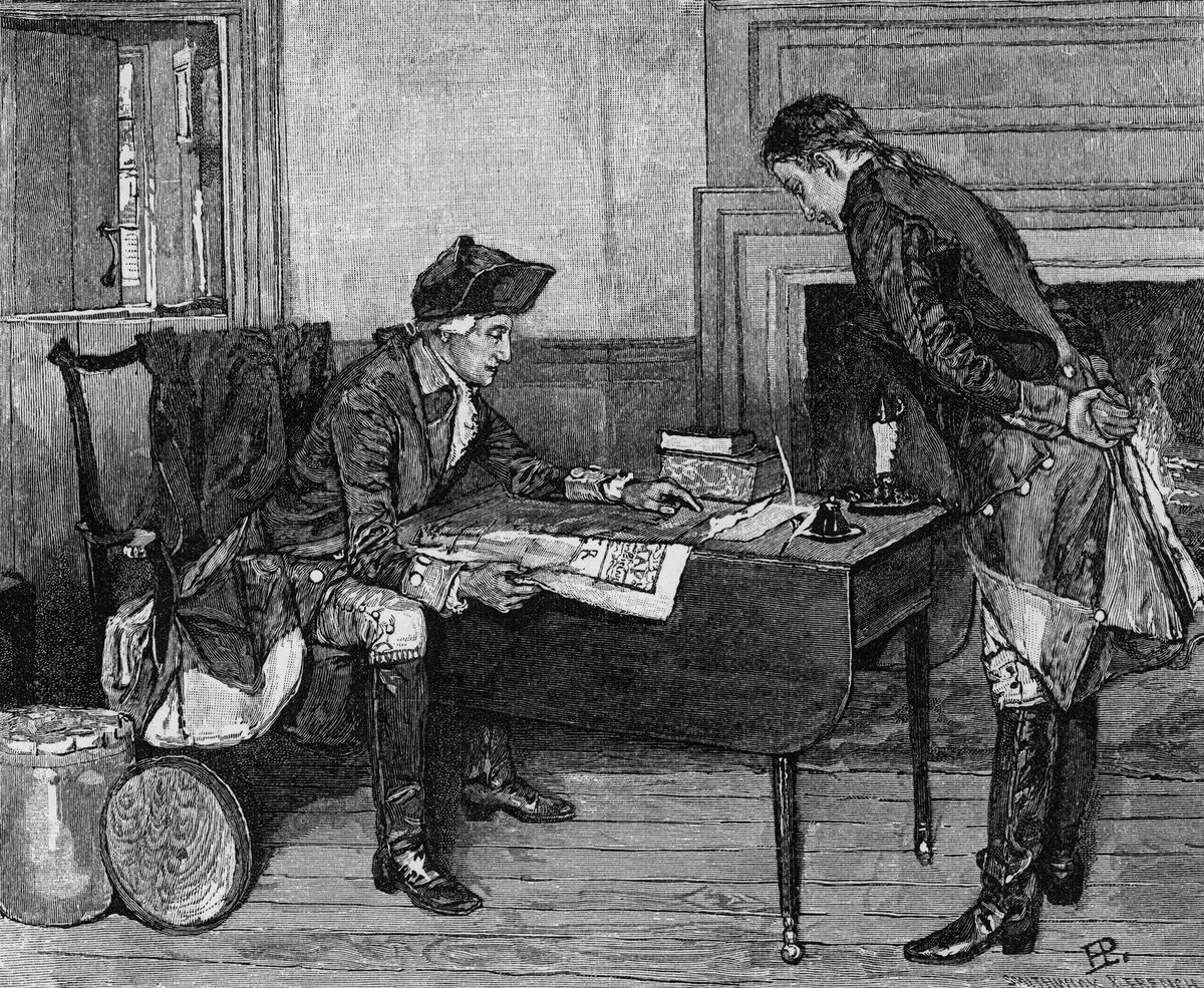 George Washington betaalde de eerste geheim agenten van de VS uit eigen zak Hier bestudeert hij samen met Nathan Hale een kaart Hale meldde zich als vrijwilliger om achter de Britse linies inlichtingen in te winnen Hij werd al snel gepakt en opgehangen