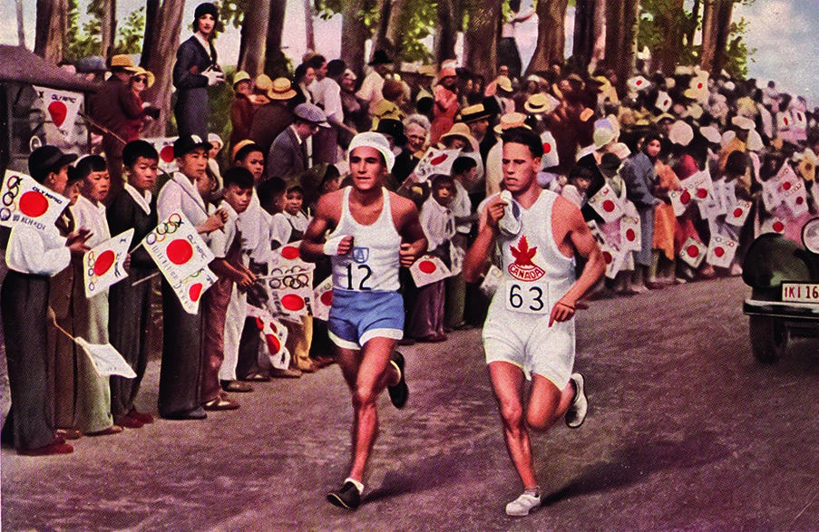 1932: juan carlos zabala of argentina overtakes a canadian runner to win the marathon event in the 1932 olympic games, held in the crowded streets of los angeles. (photo by schirner/hulton archive/getty images)