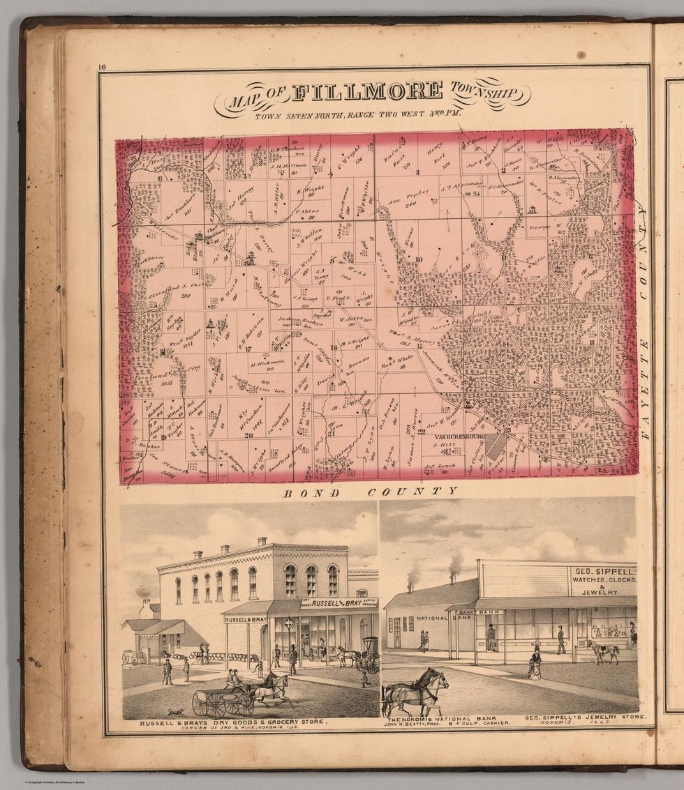 Op een kaart over het eigendom van land in het stadje Fillmore in Montgomery County in Illinois staan ook tekeningen van twee plaatselijke winkels
