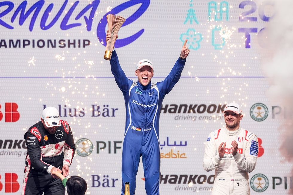 maximilian gunther, maserati msg racing, 1st position, celebrates with his trophy on the podium