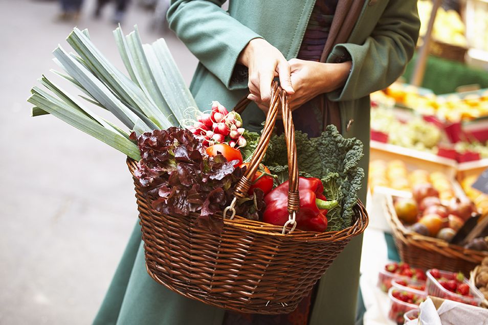 Woman shopping with a basket of vegetables