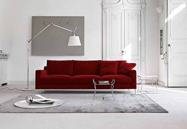 Furniture, Couch, Living room, Room, Red, Interior design, Sofa bed, Floor, studio couch, Material property, 