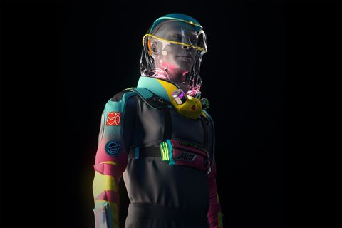 a personal protective suit for concert goers that features a ventilation system and high tech features it is neon and includes room on the sleeves for custom patches and stickers