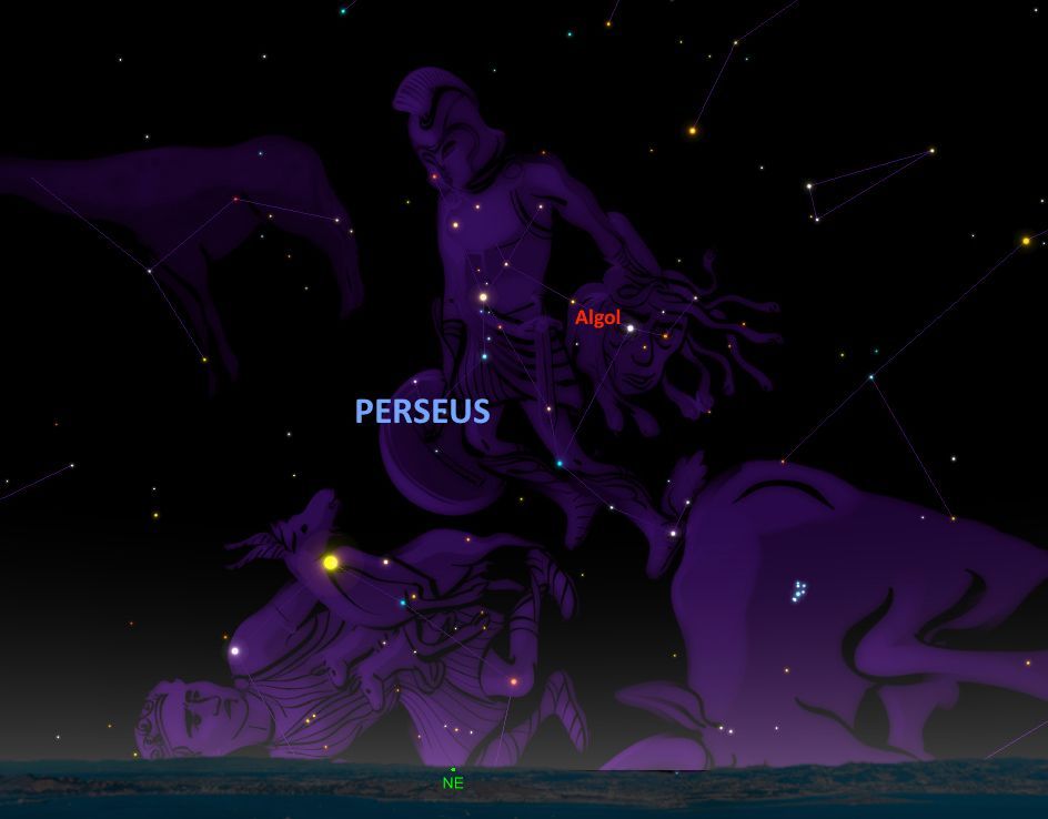 De knipogende ster Algol staat in de kop van de Medusa die door de held Perseus wordt vastgehouden