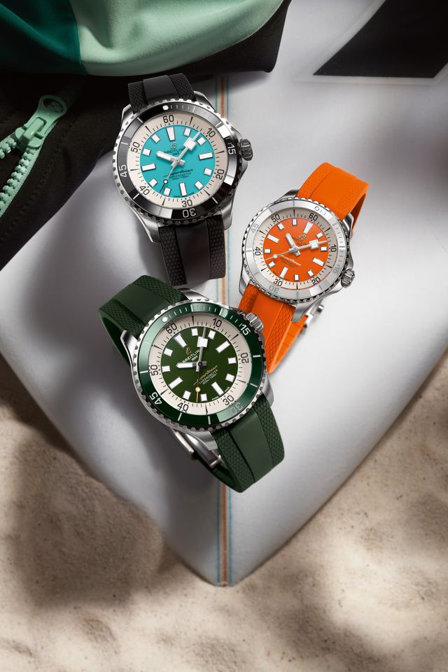 the new breitling superocean collectionref a17376211l2s1 44 mm turquoisea17377211o1s1 36 mm orangea17376a31l1s1 44 mm greenrgb