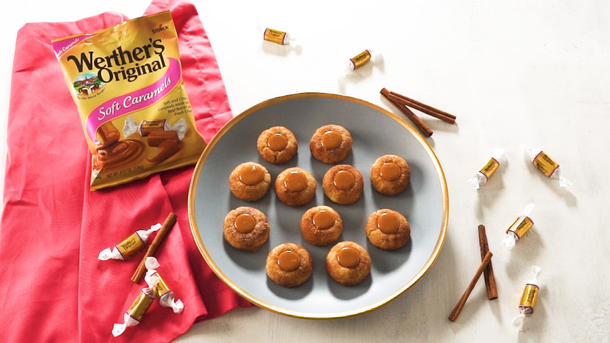 preview for Snickerdoodle Caramel Thumbprint Cookies Have A Creamy Caramel Center