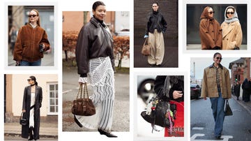 a collage of various outfits featuring jackets coats and bags worn in urban settings