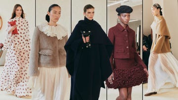 a collection of highfashion outfits displayed on models in a runway setting