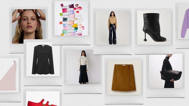 fashion and beauty product collages featuring clothing and skincare items