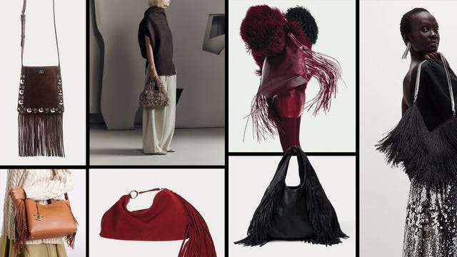 a collection of stylish handbags featuring fringe details