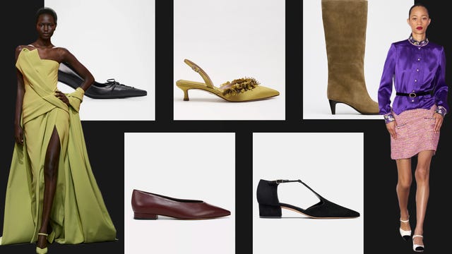 fashion display featuring various shoe styles alongside clothing pieces