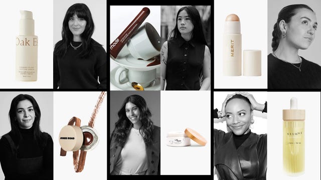 display of beauty products and cosmetics arranged in a grid layout