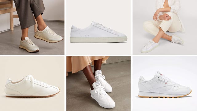 multiple pairs of white sneakers displayed